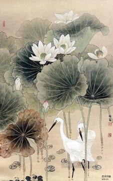 中国の伝統芸術 Painting - スイレンの池の白鷺古い中国